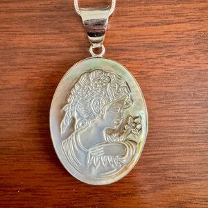 Sterling Silver-Tone Mother of Pearl Cameo Pendant Necklace